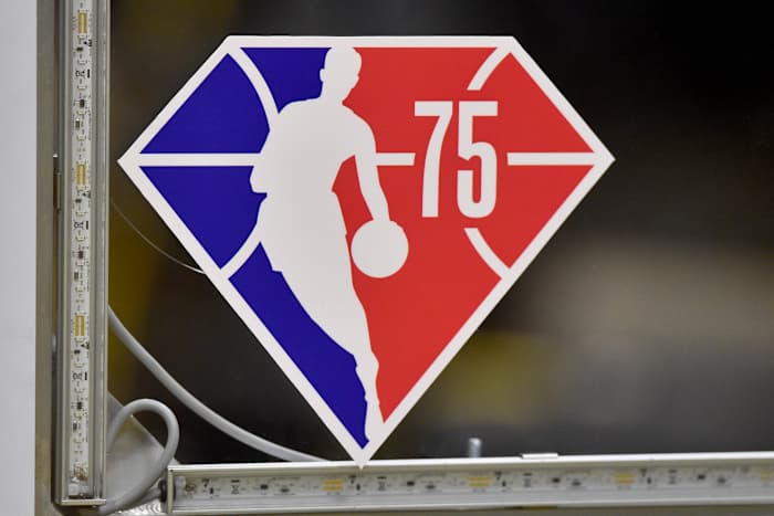 The NBA 75th Anniversary logo on a backboard at Rocket Mortgage FieldHouse.